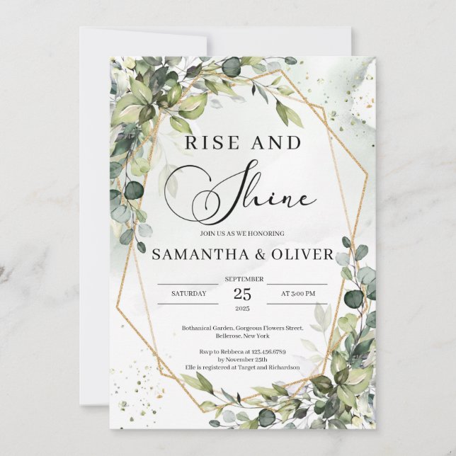 Boho greenery foliage gold wedding rise and shine invitation (Front)