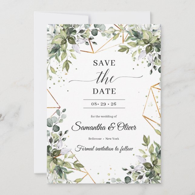 Boho greenery foliage leaves gold save the date invitation (Front)