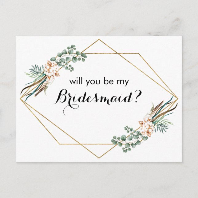 Boho Greenery Glitter Bridesmaid Proposal Card (Front)