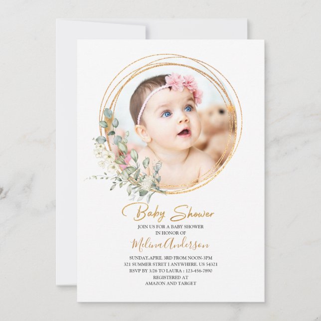 Boho  Greenery Gold Frame  watercolor baby shower Invitation (Front)