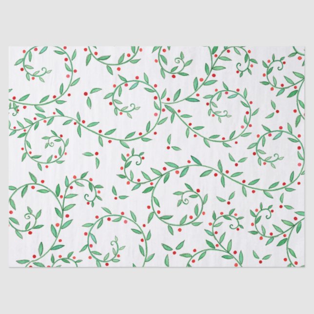 Boho Greenery Holly and Red Berries Christmas Tissue Paper (Front)