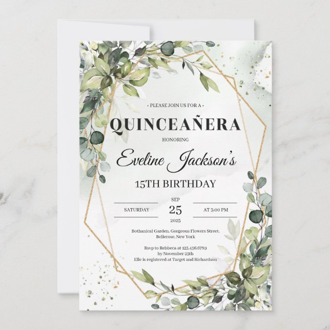 Boho greenery leaves gold frame quinceanera invitation (Front)