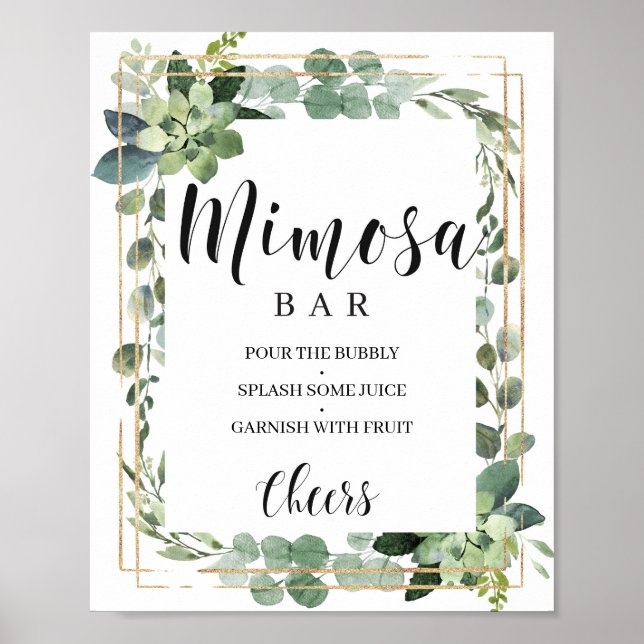 Boho greenery leaves succulent gold mimosa bar poster (Front)