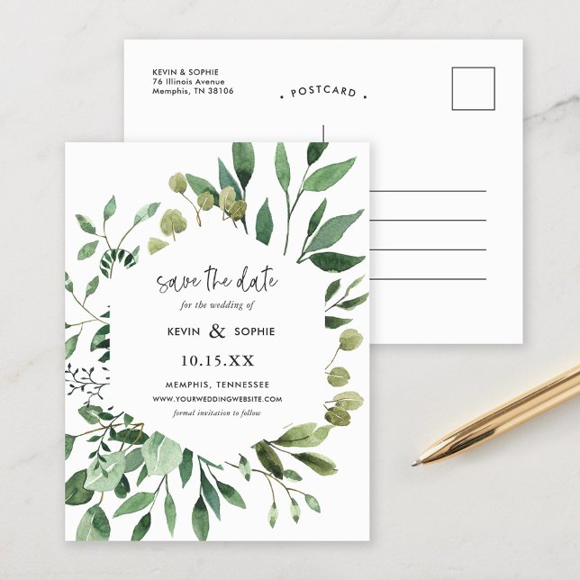 Boho Greenery Modern Save the Date Announcement Po Postcard (Creator Uploaded)