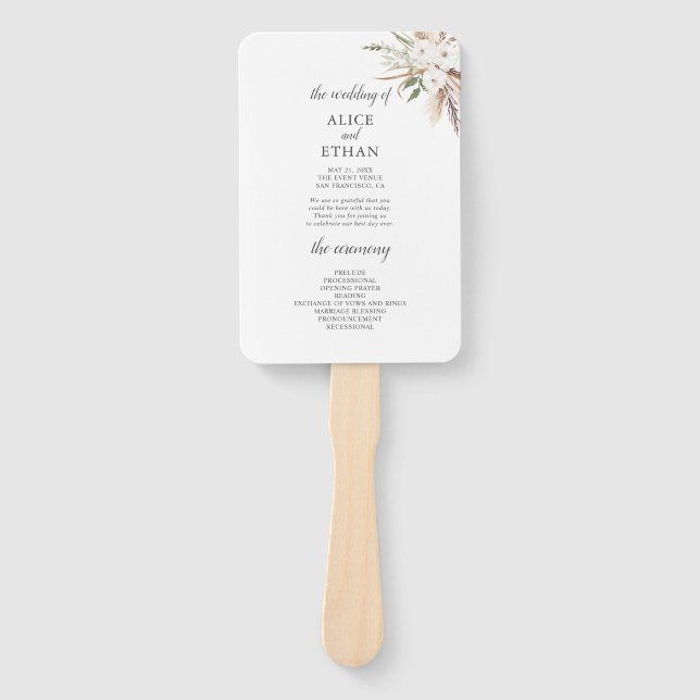 Boho Greenery Pampa Grass Wedding Program Hand Fan (Front)
