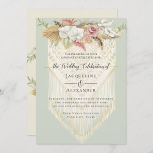 BOHO Greenery Pink Floral Pampas Mint Wedding Invitation