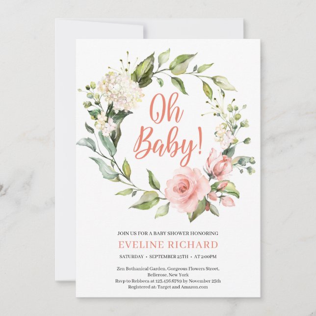Boho greenery pink roses white hydrangea Oh Baby Invitation (Front)