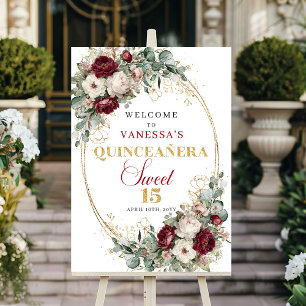 Boho Greenery Quinceanera Welcome Sign Burgundy 
