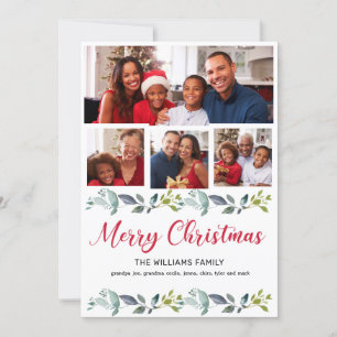Boho Greenery Red Merry Christmas 4 Family Photo Holiday Card