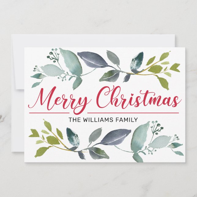 Boho Greenery Red Merry Christmas Typography Holiday Card (Front)