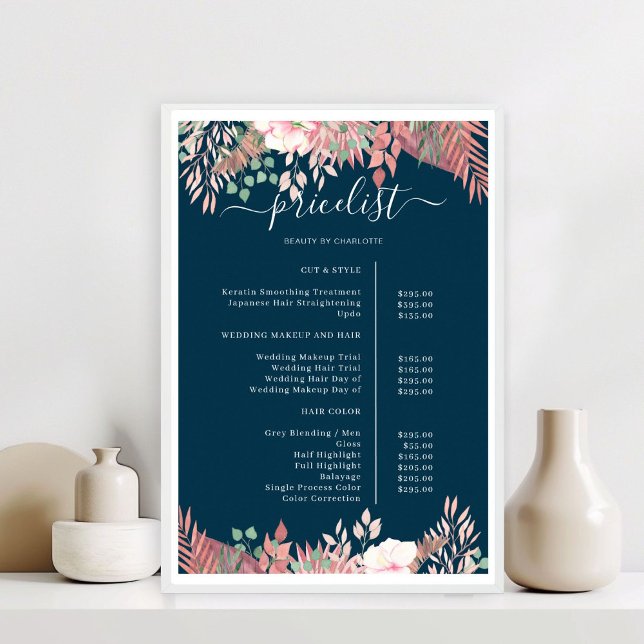 Boho Greenery Salon Price List Poster (Boho Greenery Salon Price List Blue Poster)