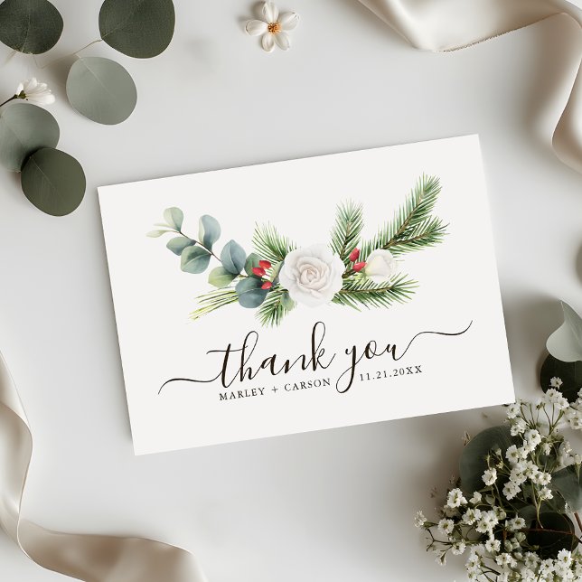 Boho Greenery Script Evergreen Wedding Thank You Card (Creator Uploaded)