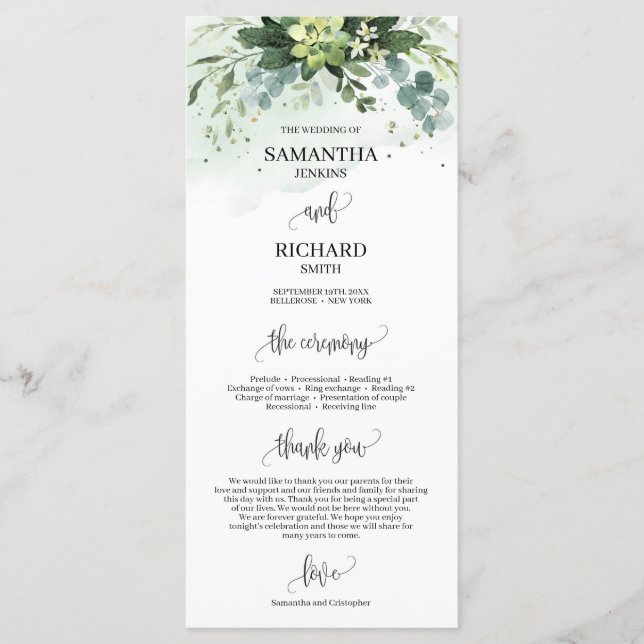 Boho greenery succulent eucalyptus wedding program (Front)