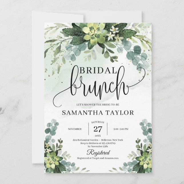 Boho greenery succulent foliage bridal brunch invitation (Front)