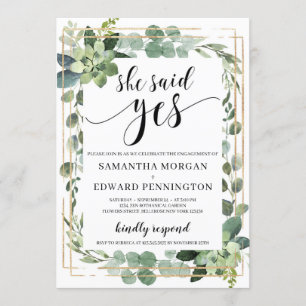 Boho greenery succulent she said yes engagement invitation