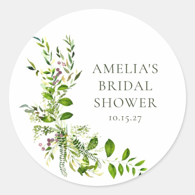 Boho Greenery Watercolor Floral Bridal Shower Classic Round Sticker (Front)