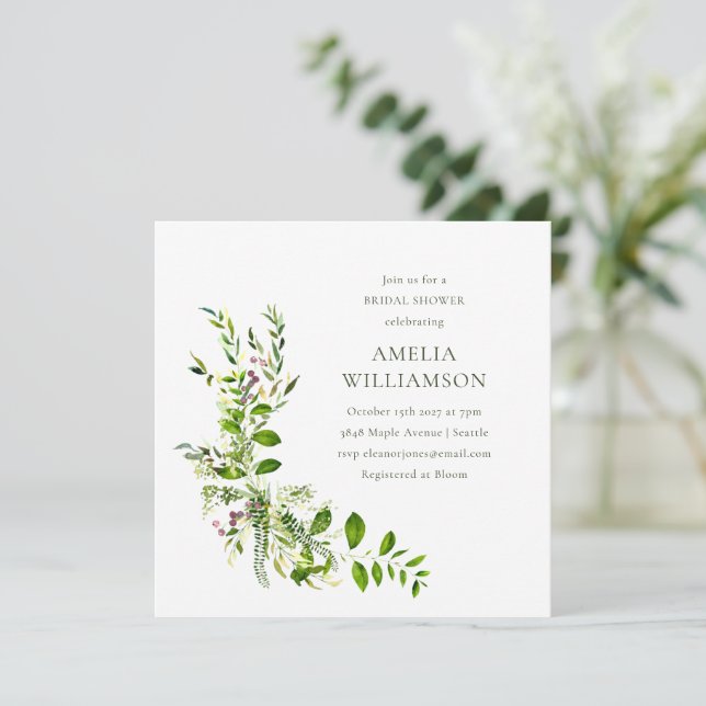 Boho Greenery Watercolor Floral Bridal Shower Invitation (Standing Front)