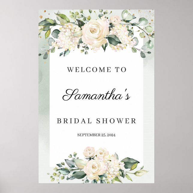 Boho greenery white roses bridal shower welcome poster (Front)