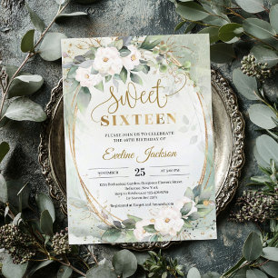 Boho Greenery white roses gold foil oval sweet 16 Invitation