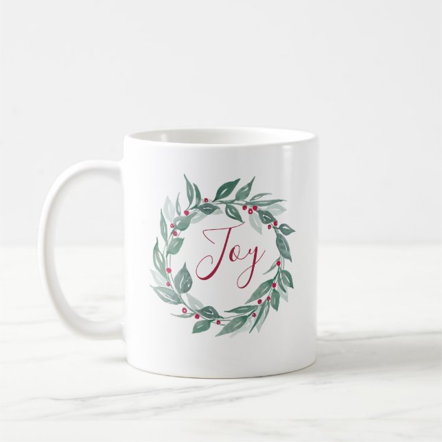Boho Greenery Wreath Red Berries Joy Holiday Coffee Mug (Left)