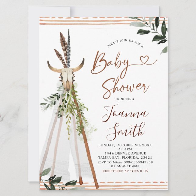 Boho Greneery Animal Skull Teepee Baby Shower Invitation (Front)