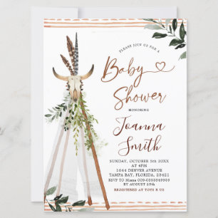 Boho Greneery Animal Skull Teepee Baby Shower Invitation