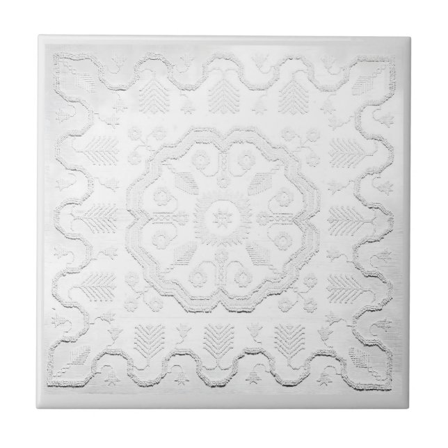 Boho Grey and White Faux Relief Flower Pattern Ceramic Tile (Front)