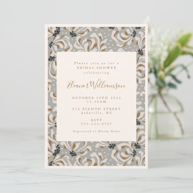 Boho Grey Botanical Modern Unique Bridal Shower  Invitation (Standing Front)
