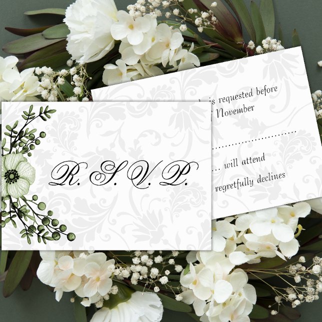 Boho Grey Damask and Green Floral Wedding RSVP (Creator Uploaded)