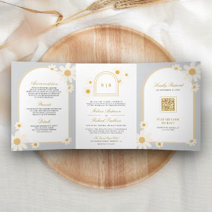 Boho Grey Retro Yellow Daisy All in One Wedding Tri-Fold Invitation