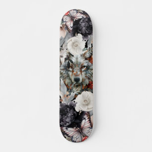 Boho Grey Wolf Gothic Florals & Butterflies Skateboard