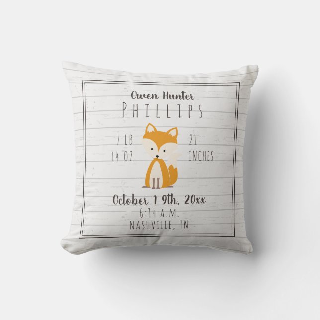 Boho Grey Wood Fox Baby Boy Birth Stats Cushion (Front)