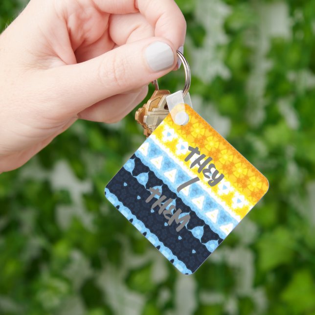 Boho Groovy Geometric Abstract AroAce Pride Flag Key Ring (Hand)