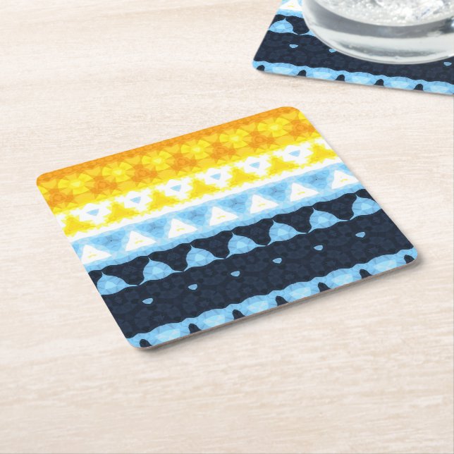 Boho Groovy Geometric Abstract AroAce Pride Flag Square Paper Coaster (Angled)
