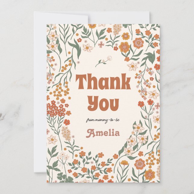 Boho Groovy Meadow Wildflower Baby Shower Thank You Card (Front)