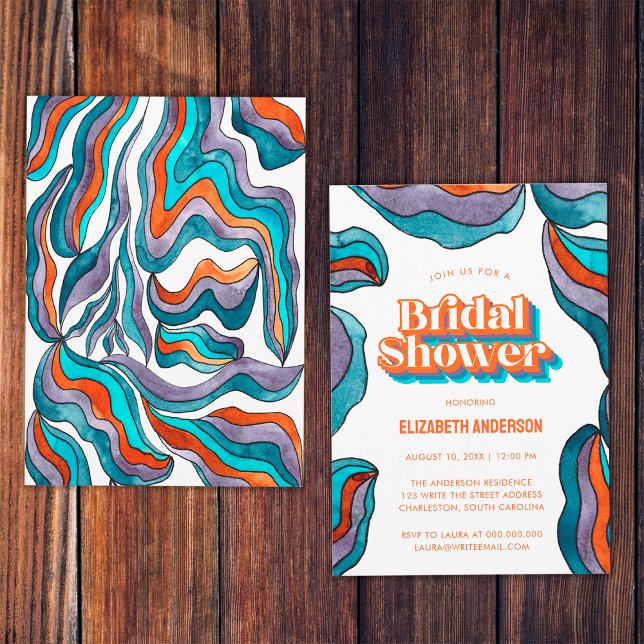 Boho Groovy Retro Bold Colourful Wavy Bridal Showe Invitation (Front and Back)