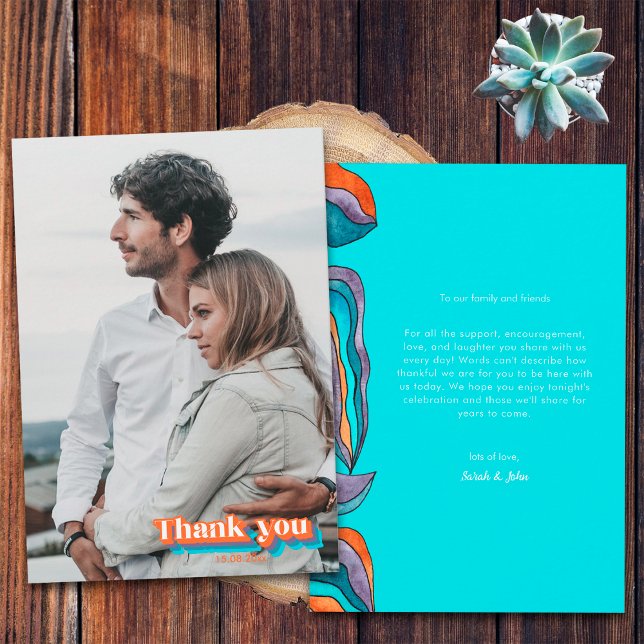 Boho Groovy Retro Teal Blue Orange Typography Wavy Thank You Card (Front and Back)
