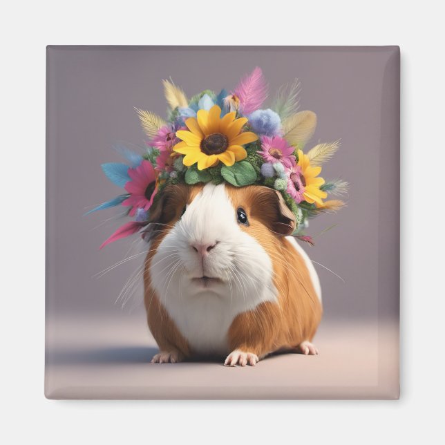 Boho Guinea Pig with flower halo, cute Fridge Magn Magnet (Front)