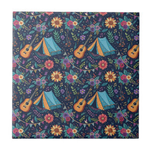 Boho Guitar Indie Folk Music Festival Floral Art Ceramic Tile