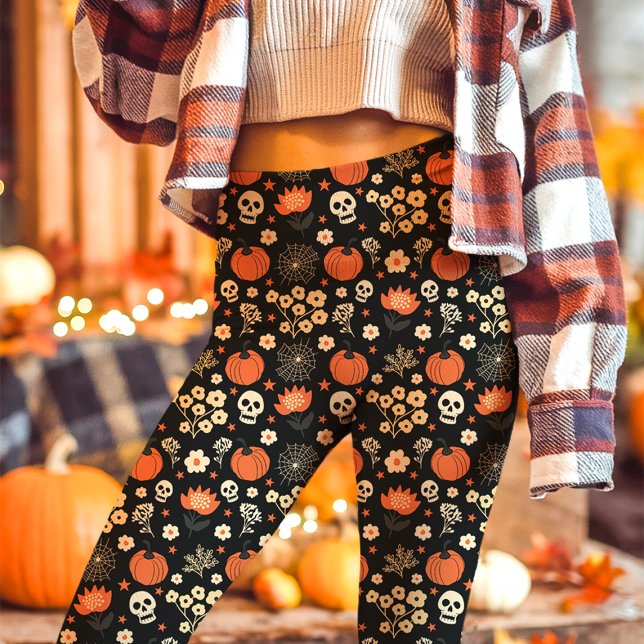 Boho Halloween Floral Skull Cottagecore Leggings (Creator Uploaded)