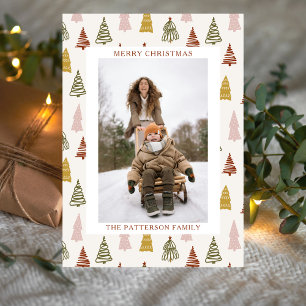 Boho Hand Drawn Winter Wood Pines Photo Christmas Holiday Card