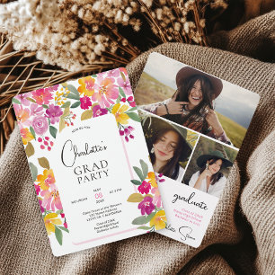  Boho Hand-Painted Boho Floral 3-Photo Graduation Invitation