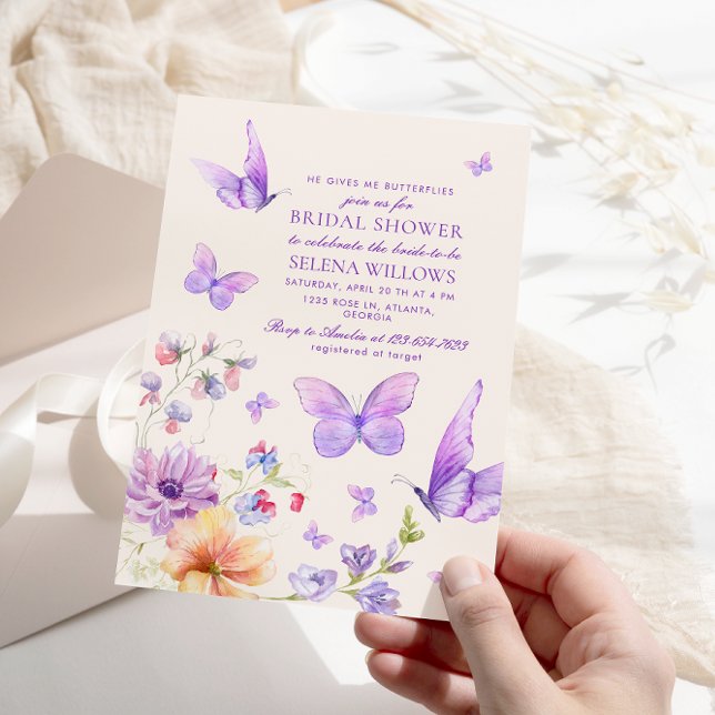 Boho He Gives Me Butterflies Purple Bridal Shower Invitation (Creator Uploaded)