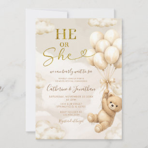 Boho He Or She Beige Balloons Bear Gender Reveal Invitation