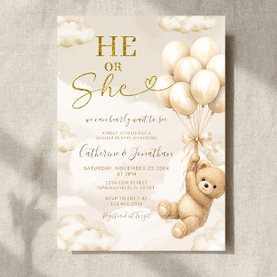Boho He Or She Beige Balloons Bear Gender Reveal Invitation