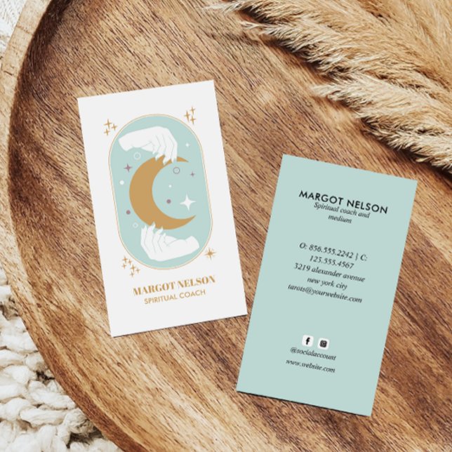 Boho Healing Hand Celestial Moon Tarot AQUA Business Card (Creator Uploaded)
