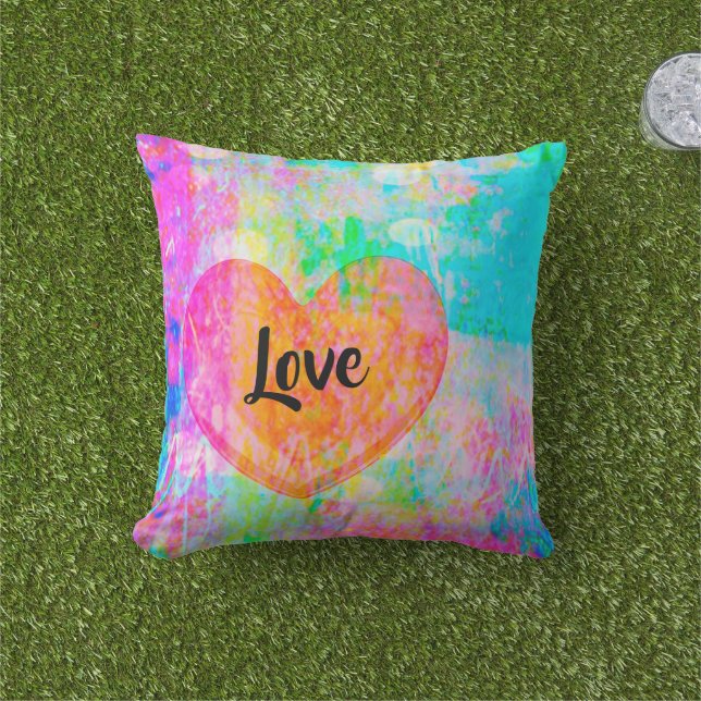 Boho Heart Love Collage Outdoor Cushion (Grass)