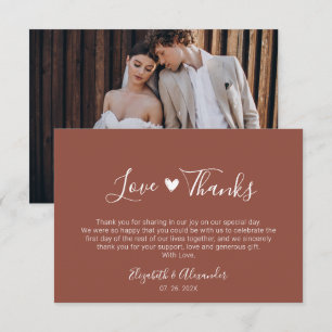 Boho Heart Script Earthy Terracotta Wedding Photo Thank You Card