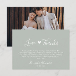 Boho Heart Script Sage Green Wedding Photo  Thank You Card