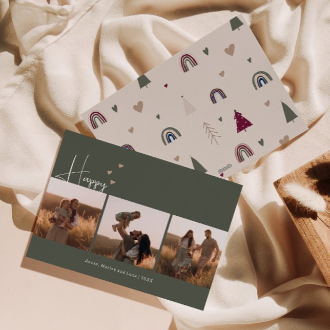 Boho Hearts Happy Green Three Photo Christmas Holiday Card (Creator Uploaded)